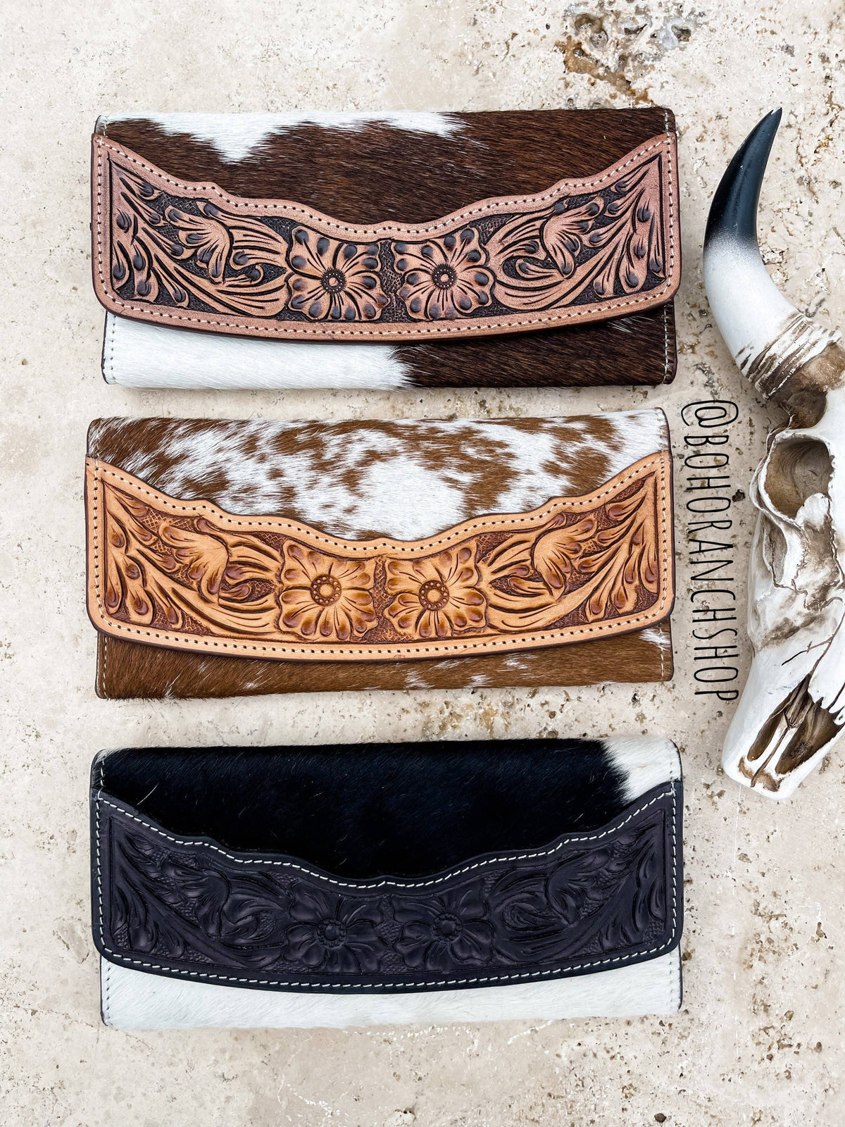 Boho Ranch Shop - Tooled Leather Wallet Western Genuine Hand Tooled: BLACK + WHITE COWHIDE