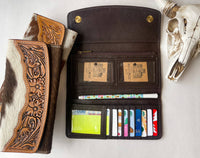 Boho Ranch Shop - Tooled Leather Wallet Western Genuine Hand Tooled: BLACK + WHITE COWHIDE