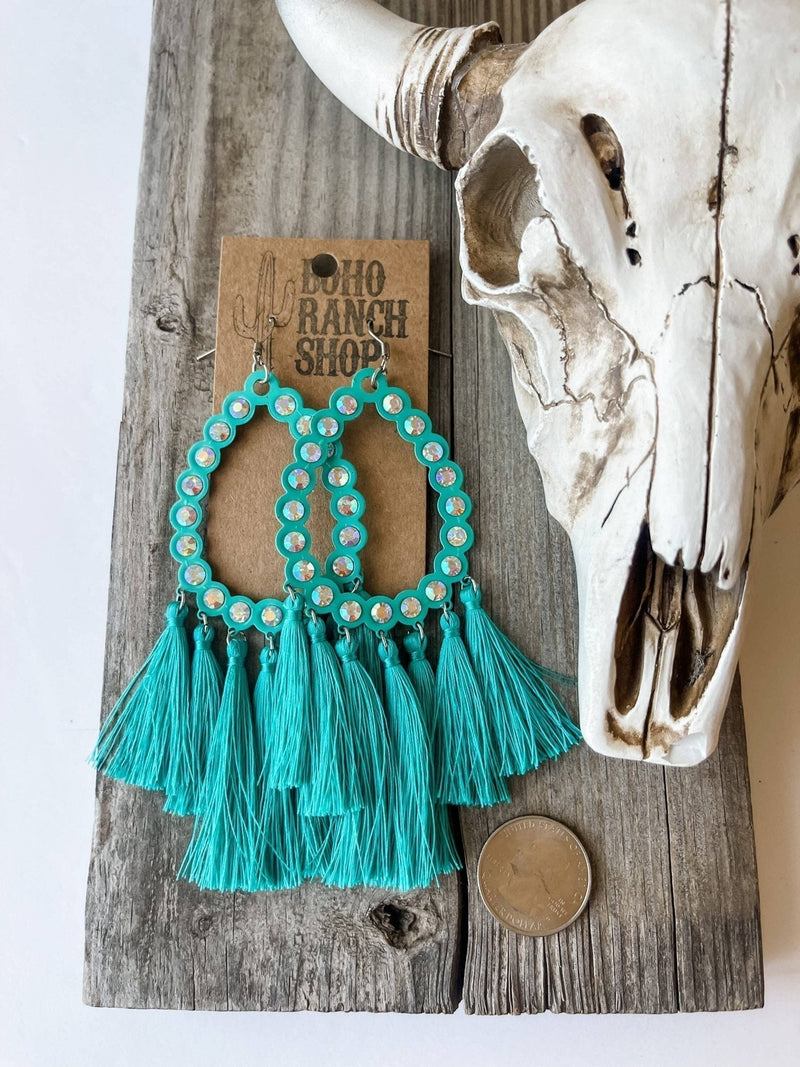 Rhinestone Teardrop Tassel Earrings-Turquoise-Briar & Ivy