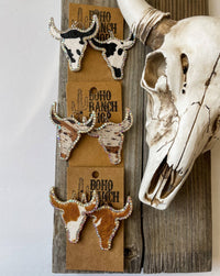 Boho Ranch Shop - Western Cowhide Bling Steer Longhorn Earrings: Brown + Tan Mix-Briar & Ivy
