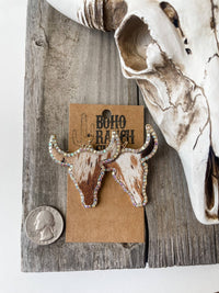Boho Ranch Shop - Western Cowhide Bling Steer Longhorn Earrings: Brown + Tan Mix-Briar & Ivy