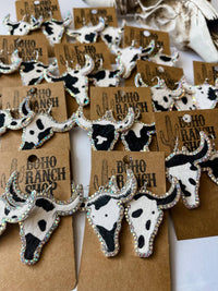 Boho Ranch Shop - Western Cowhide Bling Steer Longhorn Earrings: Cognac Tan-Briar & Ivy