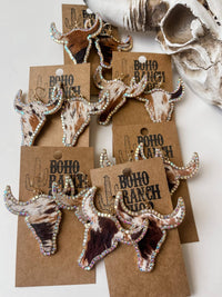 Boho Ranch Shop - Western Cowhide Bling Steer Longhorn Earrings: Cognac Tan-Briar & Ivy