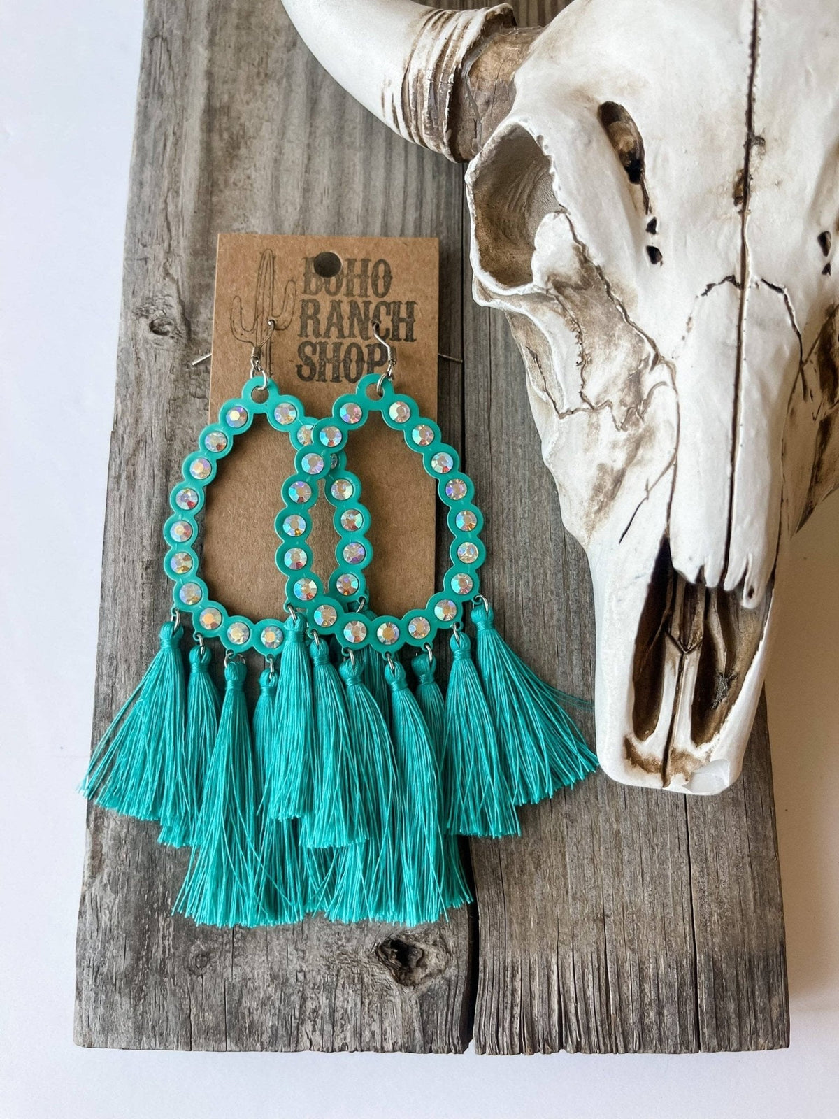 Rhinestone Teardrop Tassel Earrings-Turquoise-Briar & Ivy